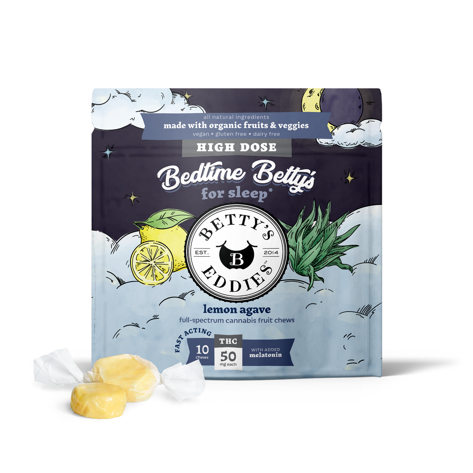 Betty's Eddies – Bedtime Betty’s Lemon Agave [10pk] (500mg THC) Sleep Fruit Chews - High Dose