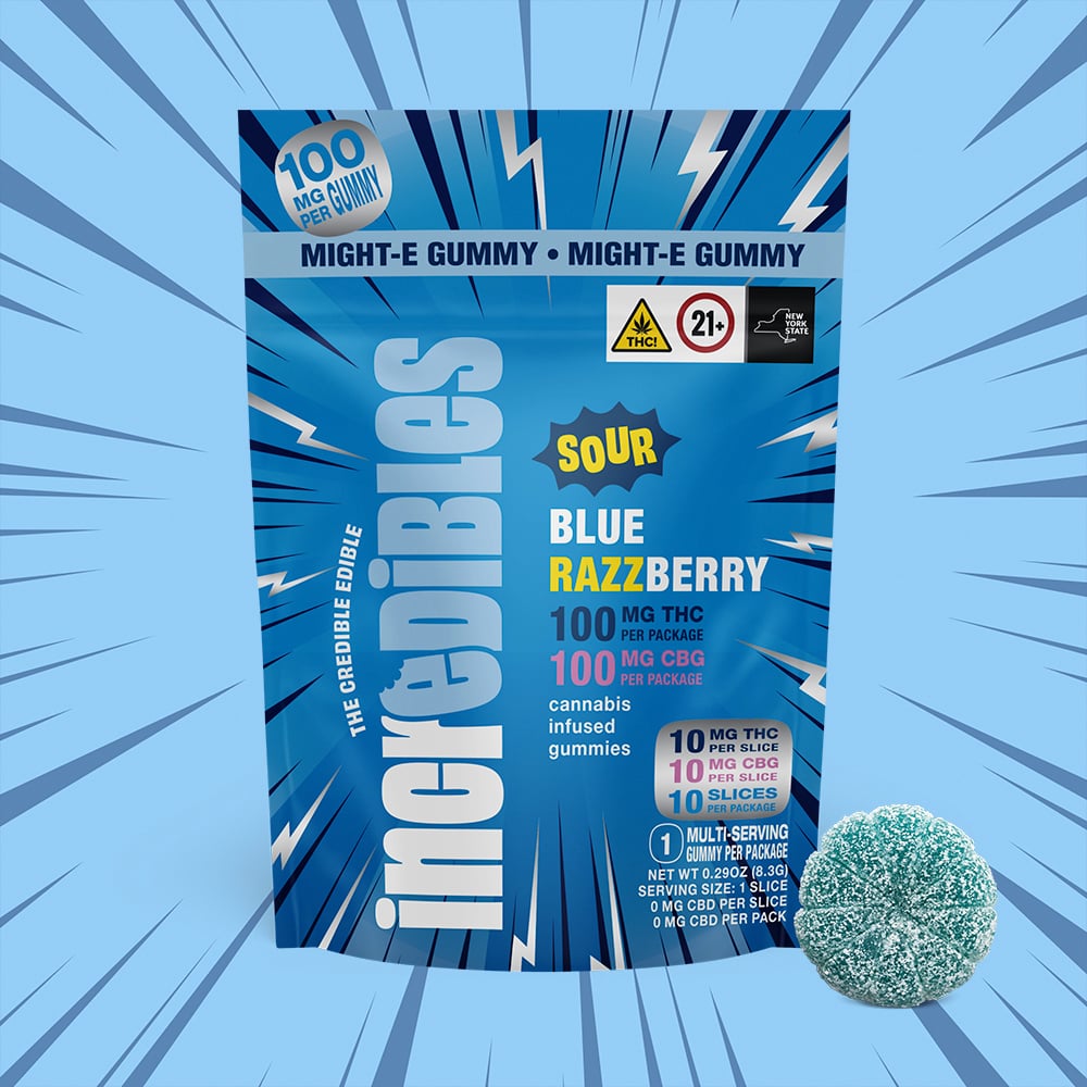 incredibles – Might-E 1:1 Sour Blue Razzberry + CBG [1pk] (100mg THC/100mg CBG)