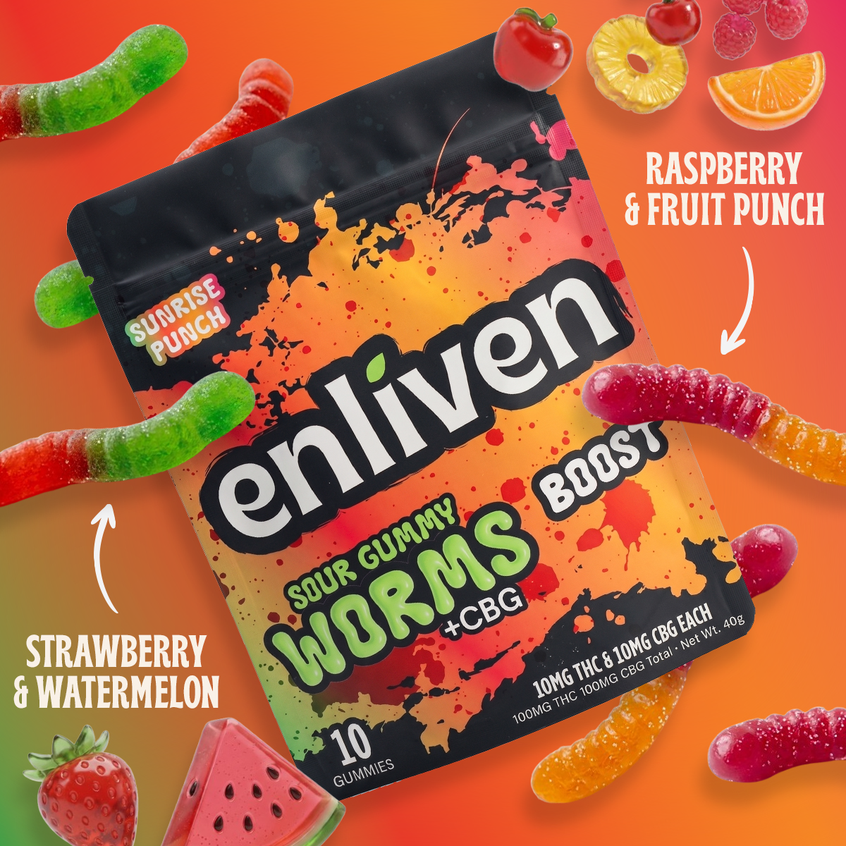 Enliven – Sour Gummy Worms - Boost [10pk] (100mg THC/100mg CBG)