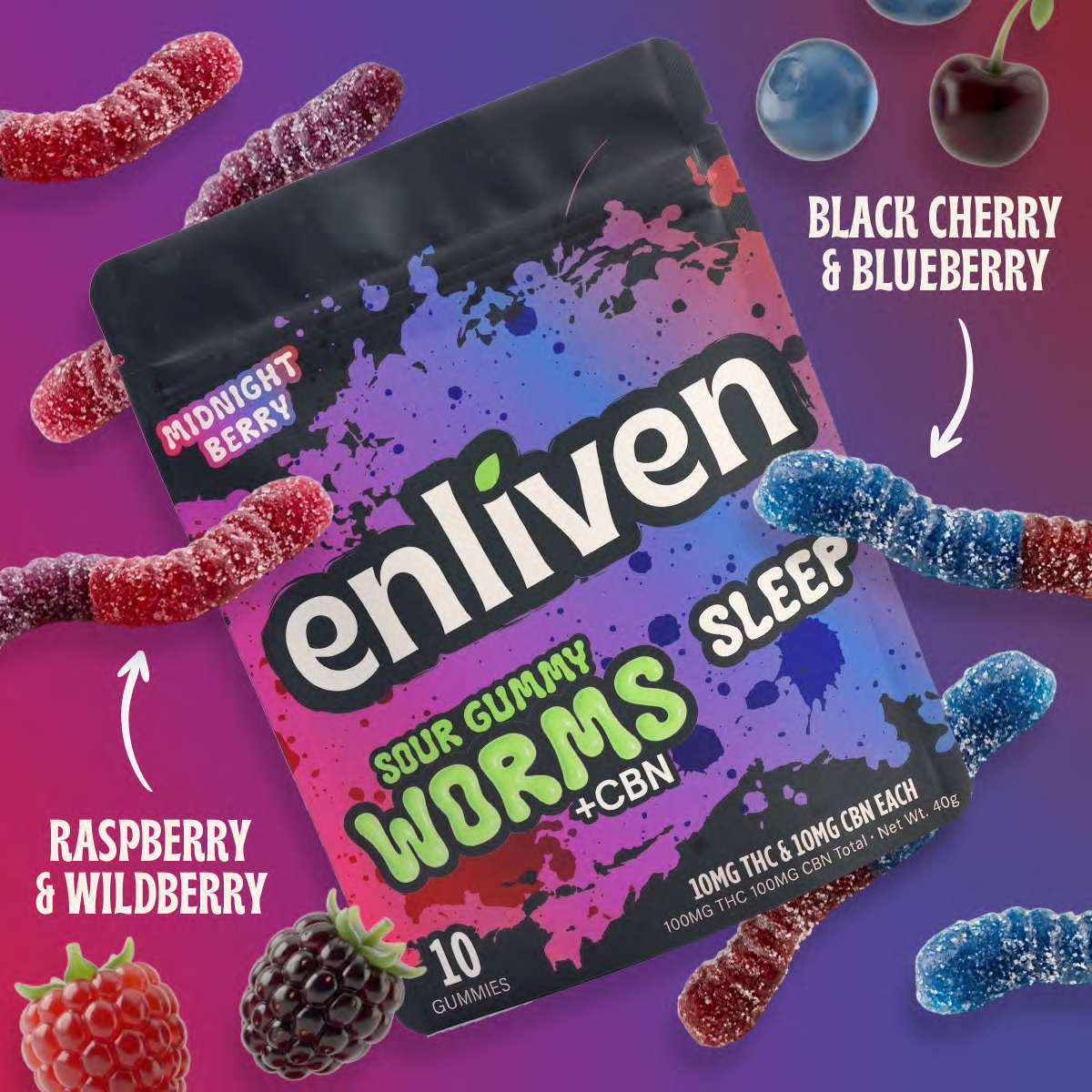 Enliven – Sour Gummy Worms - Sleep [10pk] (100mg THC/100mg CBN)