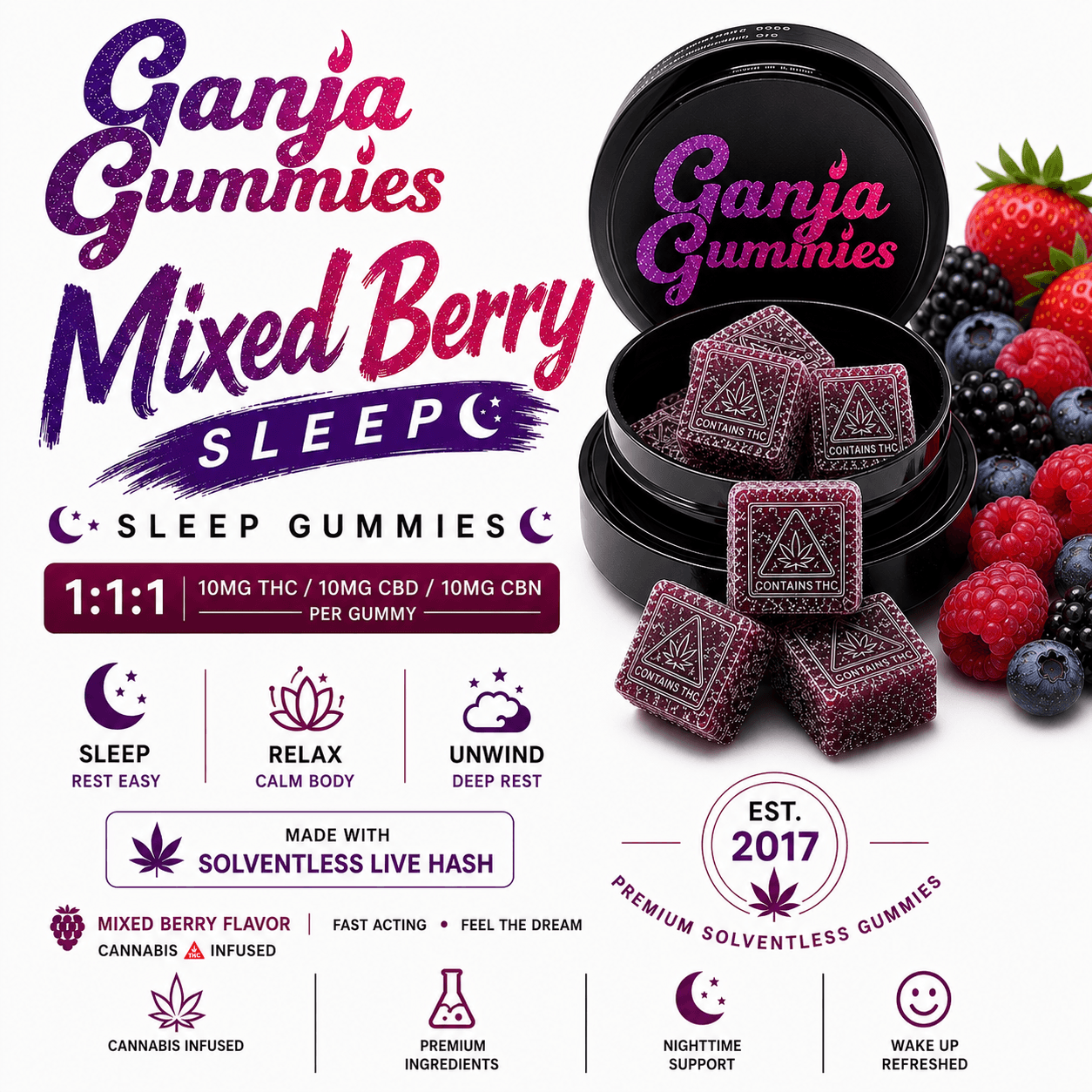 Fire Ganja – Mixed Berry Sleep Gummies [10pk]  1:1:1 (100mg CBD/100mg THC/100mg CBN)