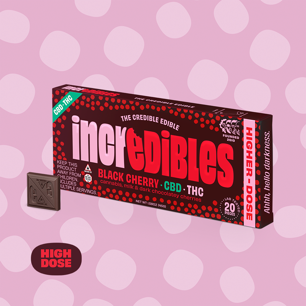 incredibles – 1:1 Black Cherry Bar + CBD Higher Dose [20pk] (500mg CBD/500mg THC)