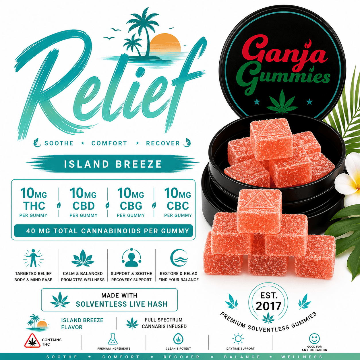 Fire Ganja – Relief by Ganja Gummies [10pk]  1:1:1:1 (100mg CBD/100mg THC/100mg CBG)