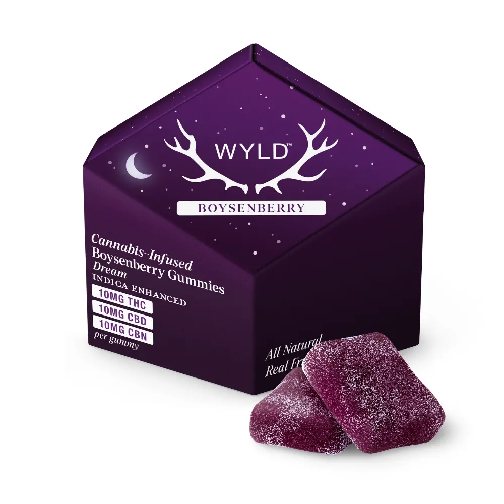 WYLD – Boysenberry 1:1:1 CBD:CBN + Indica Enhanced Gummies | 100mg THC:CBD:CBN