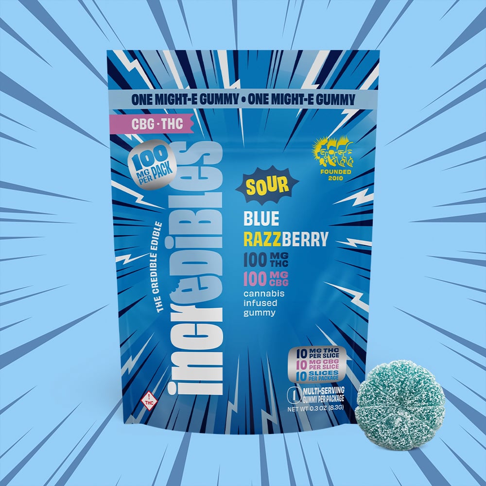 incredibles – Might-E 1:1 Sour Blue Razzberry + CBG [1pk] (100mg THC/100mg CBG)