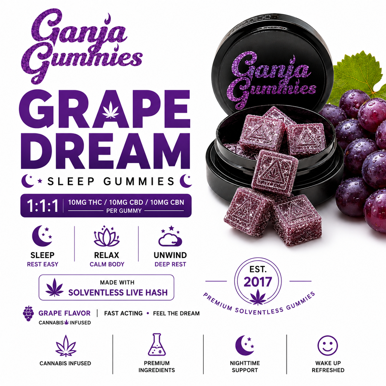 Fire Ganja – Grape Sleep Gummies [10pk] 1:1:1 (100mg CBD/100mg THC/100mg CBN)
