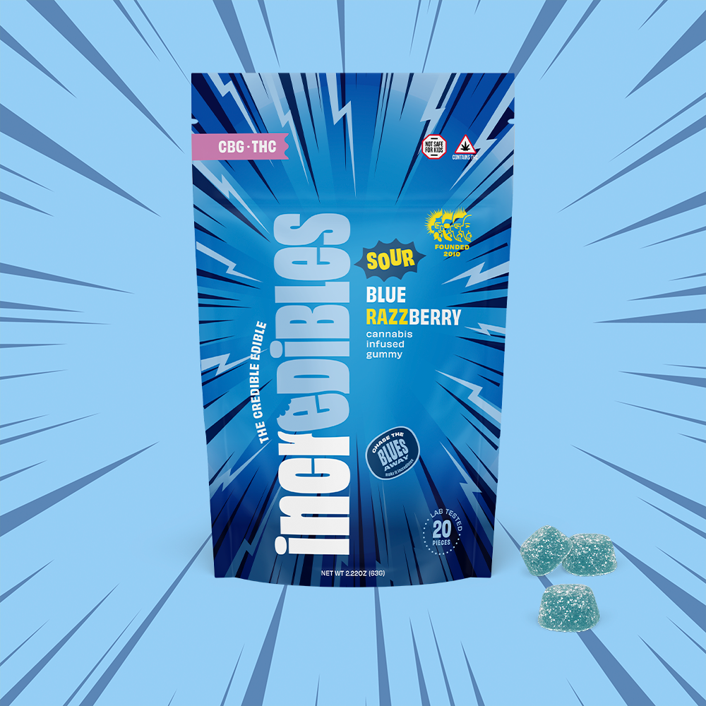 incredibles – 1:1 Sour Blue Razzberry + CBG [20pk] (100mg CBG/100mg THC)