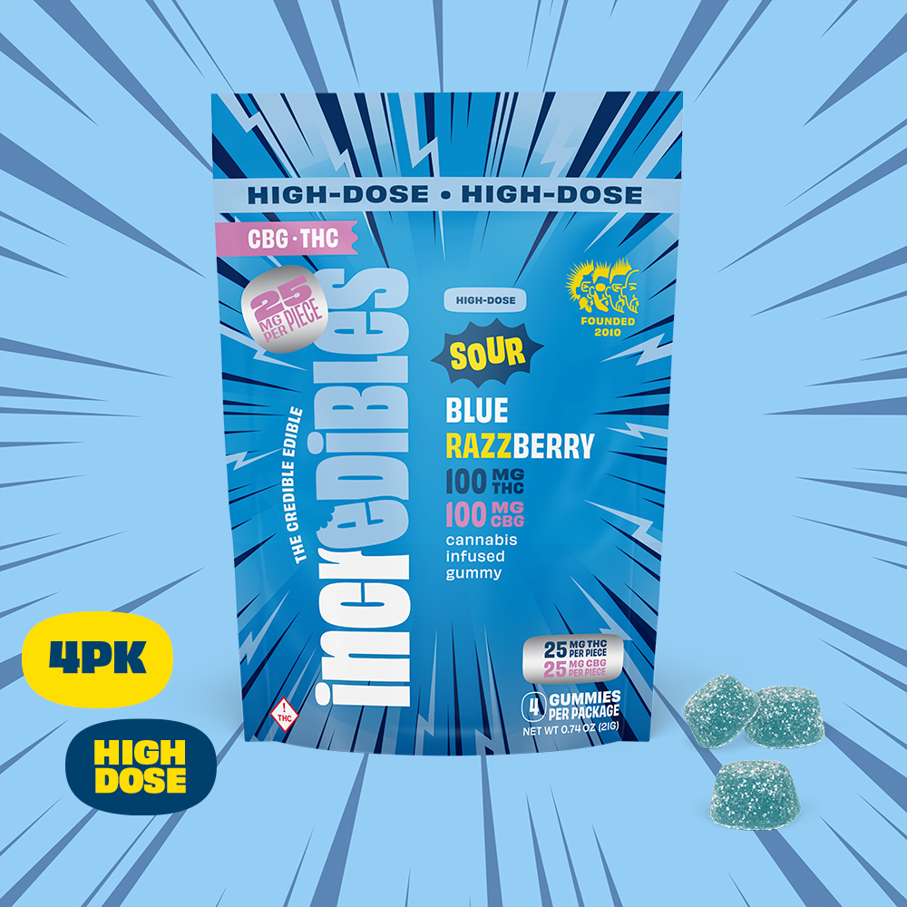 incredibles – 1:1 Sour Blue Razzberry + CBG [4pk] (100mg THC/100mg CBG)