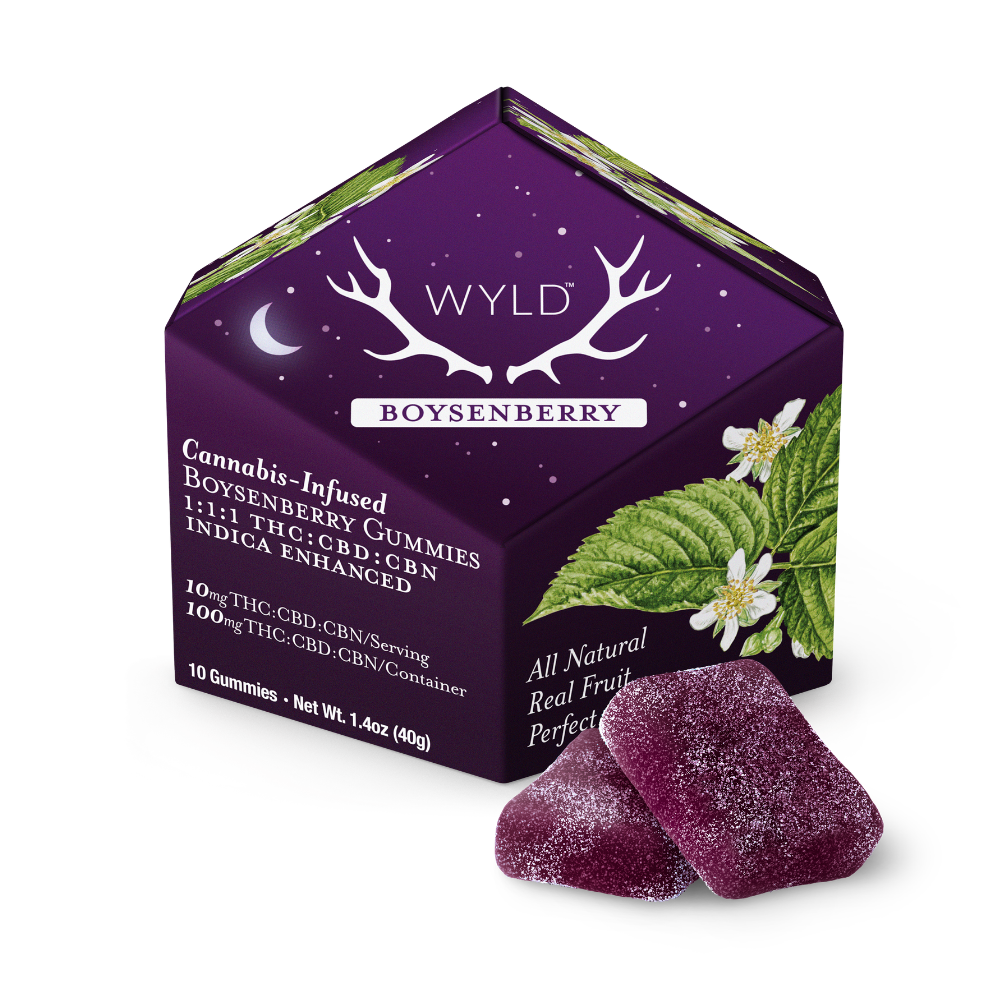 WYLD – Boysenberry 1:1:1 CBD:CBN + Indica Enhanced Gummies | 100mg THC:CBD:CBN
