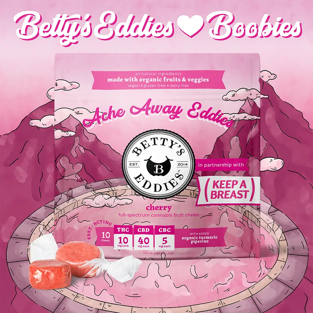 Betty's Eddies – Ache Away Eddies Betty’s Loves Boobies - Cherry [10pk] (100mg THC/400mg CBD/ 50mg CBC)