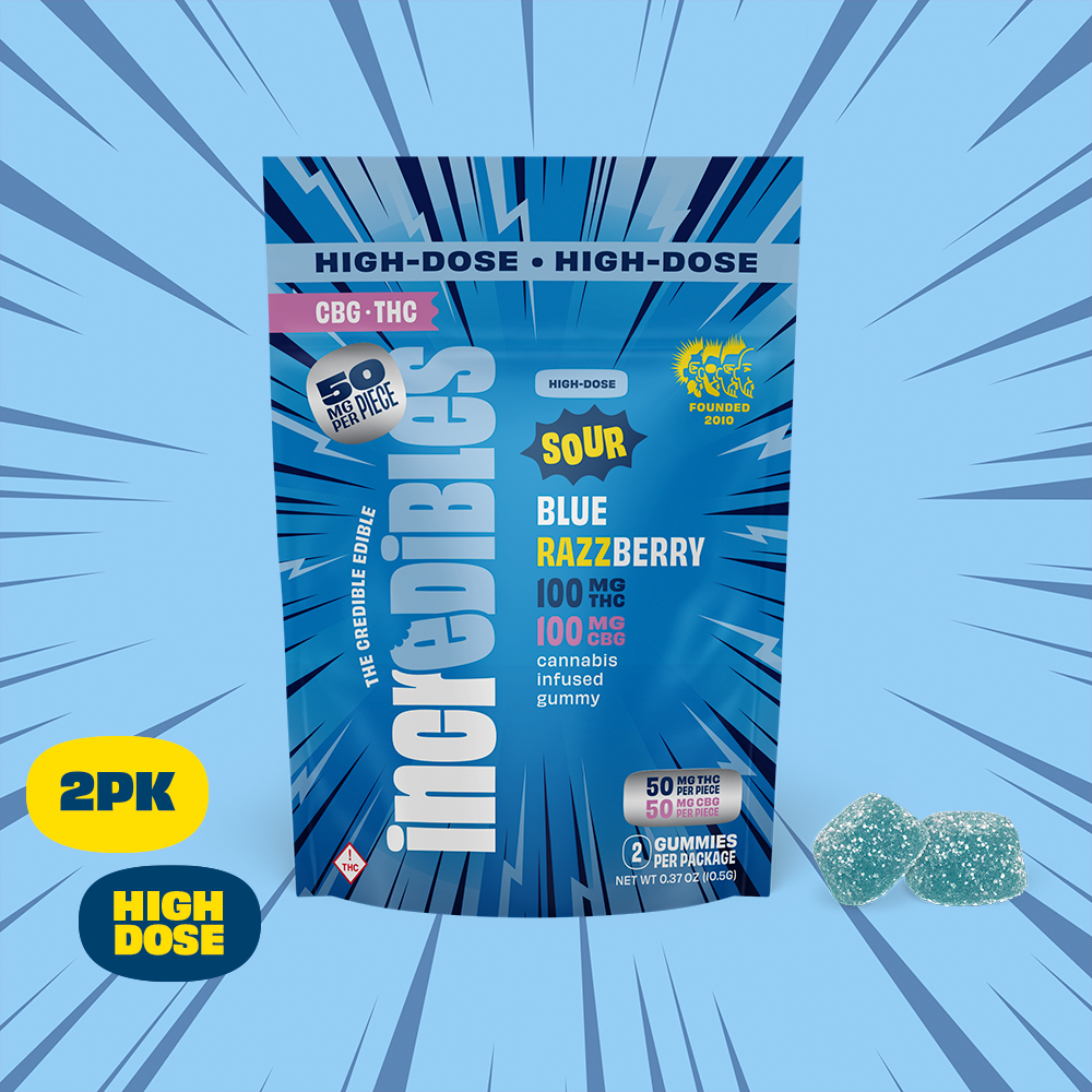 incredibles – 1:1 Sour Blue Razzberry + CBG [2pk] (100mg THC/100mg CBG)