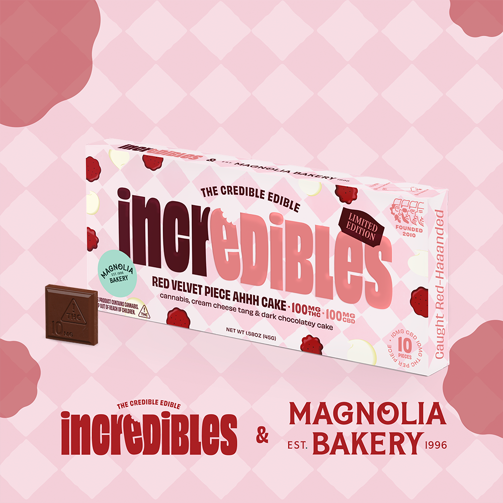 incredibles – 1:1 Magnolia Bakery Red Velvet Piece Ahhh Cake Bar + CBD [10pk] (100mg CBD/100mg THC)