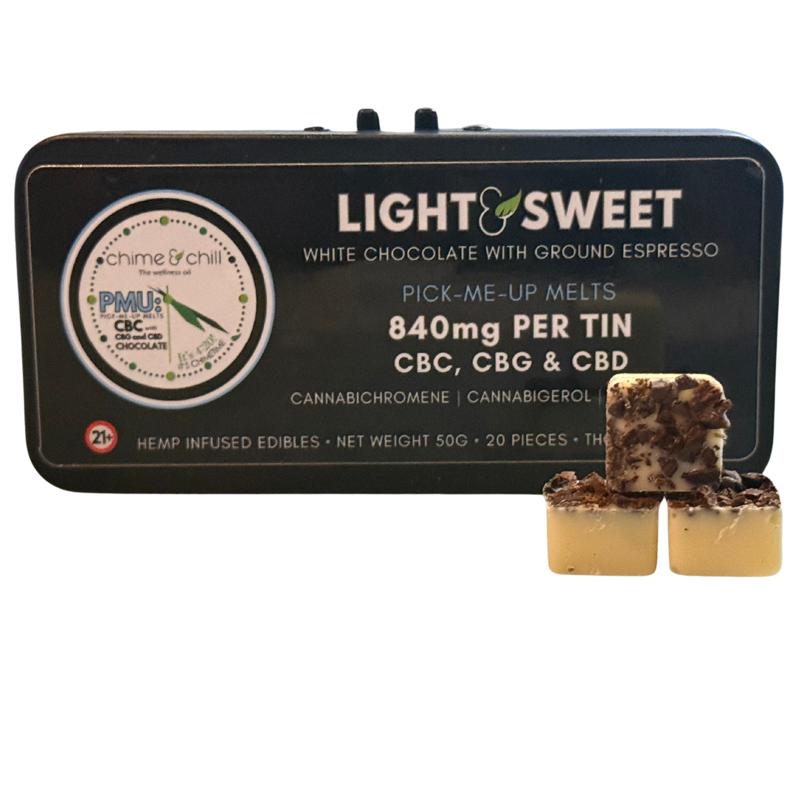 Chime & Chill – Light & Sweet: White Chocolate & Espresso - THC Free [20pk] (300mg CBC/300mg CBG/240mg CBD)