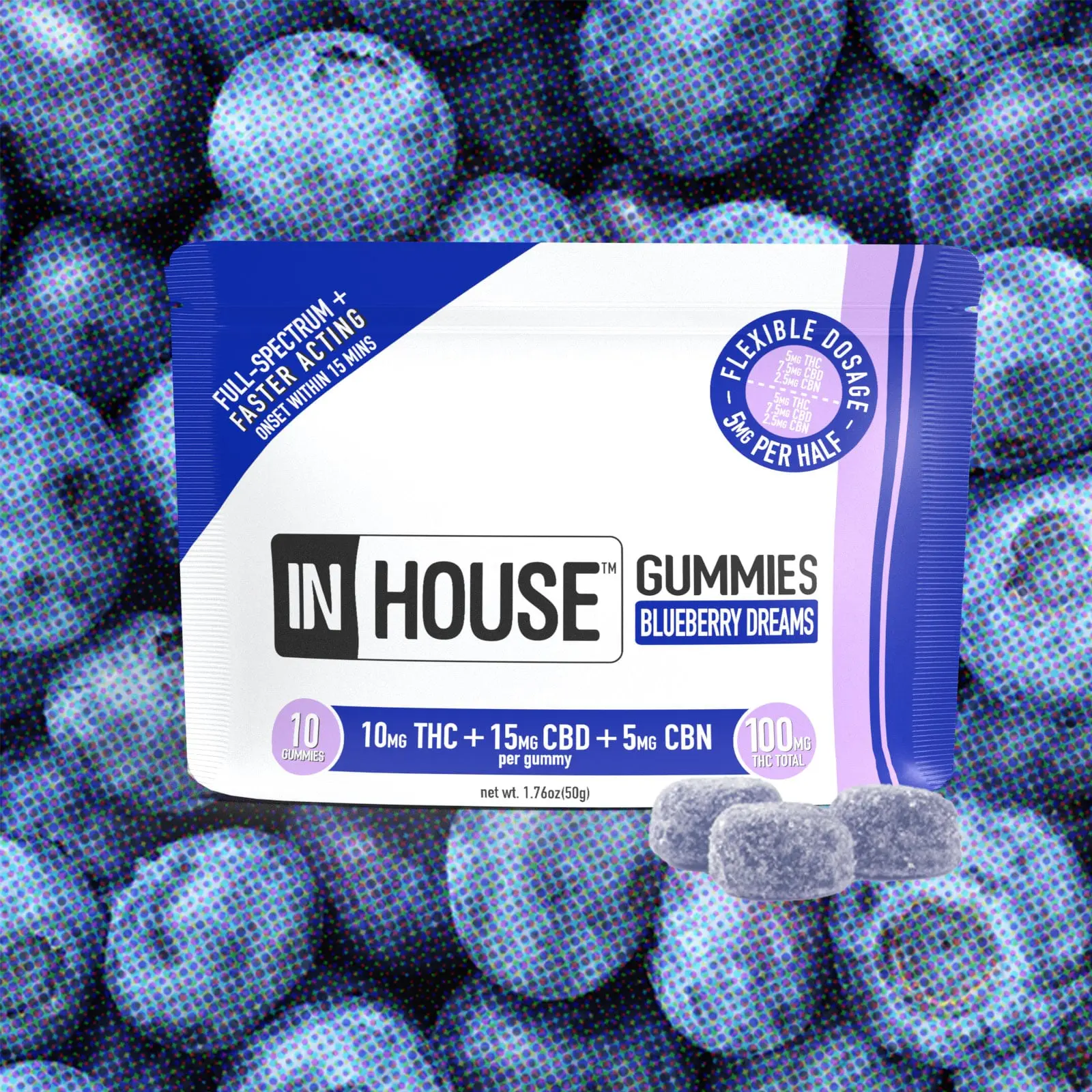 InHouse – Blueberry Dreams [10pk] (100mg THC/150mg CBD/50mg CBN)