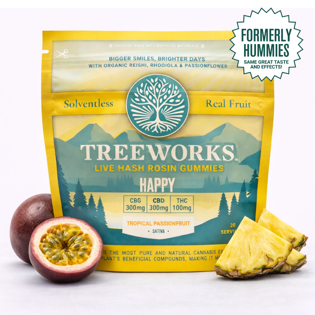 Treeworks – Happy | Live Hash Rosin Gummies - Sativa (100mg THC, 300mg CBD, 300mg CBG) *Formerly Hummies