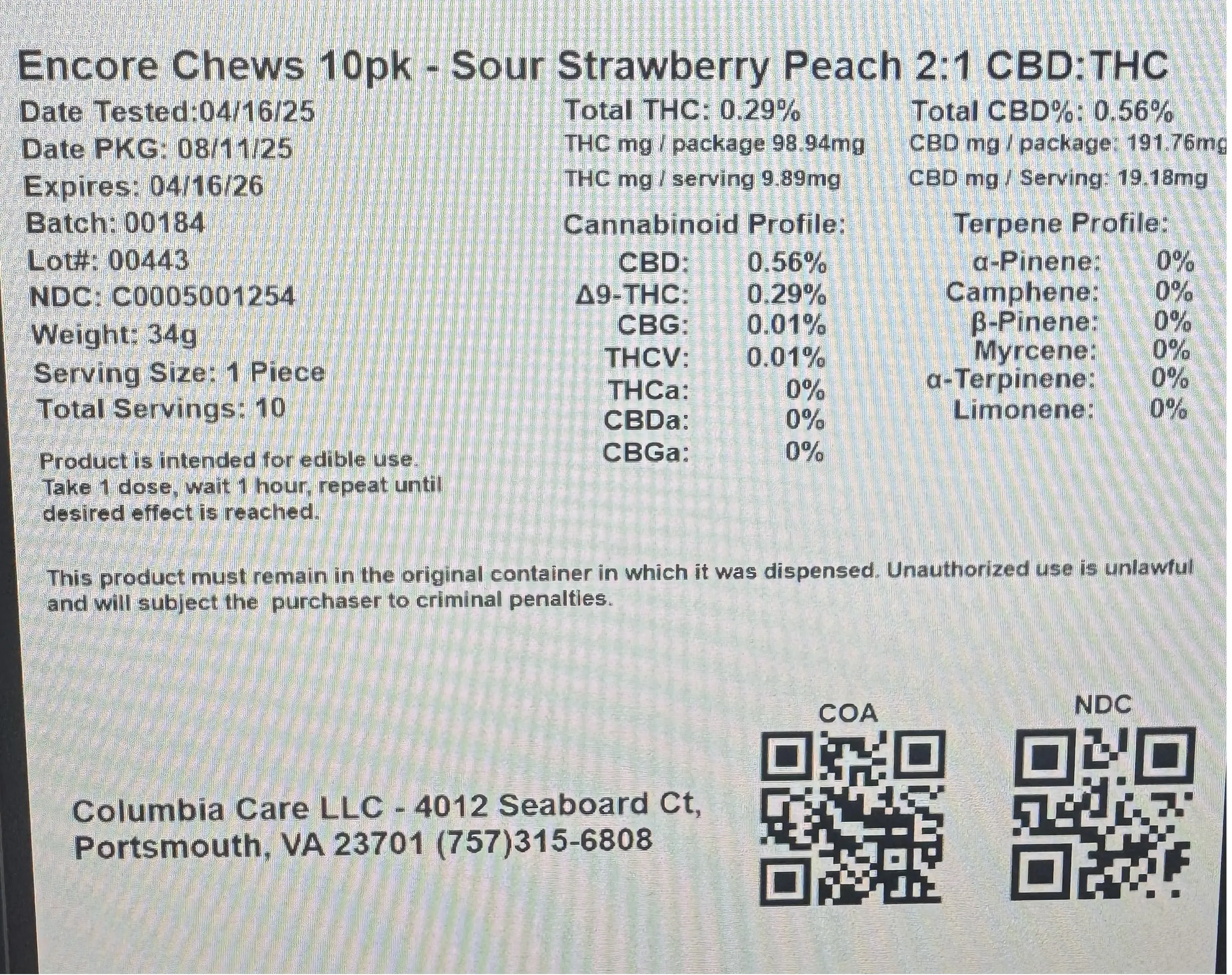 Encore Edibles – 2:1 Sour Strawberry Peach CBD:THC [10pk] (200mg CBD/100mg THC)