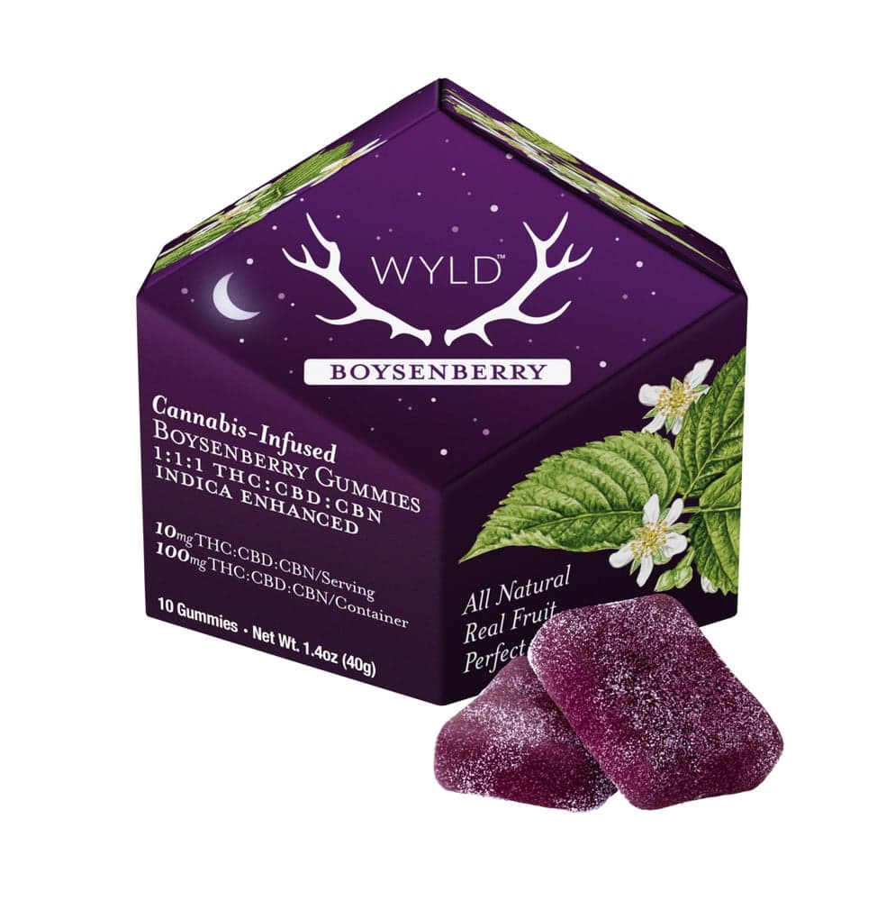 WYLD – Boysenberry 1:1:1 CBD:CBN + Indica Enhanced Gummies | 100mg THC:CBD:CBN