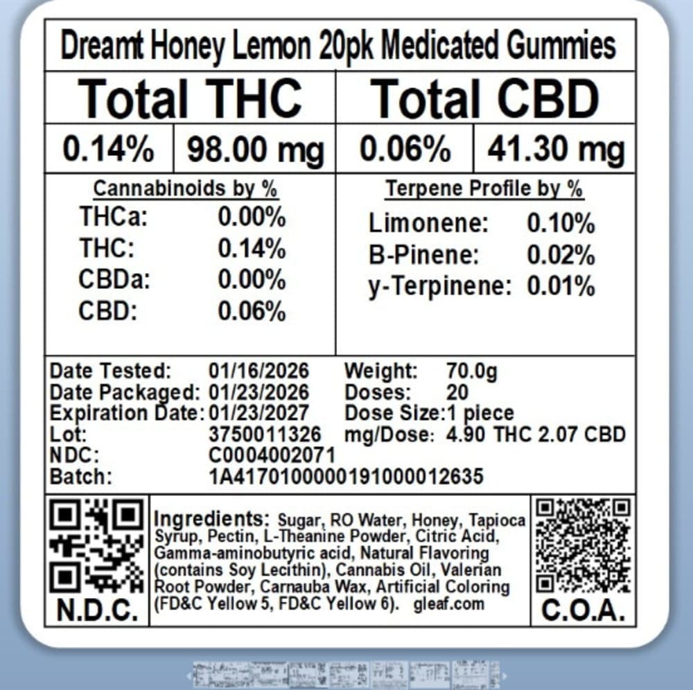 Dreamt – 5:2 Honey Lemon [20pk] (100mg CBD/40mg THC)