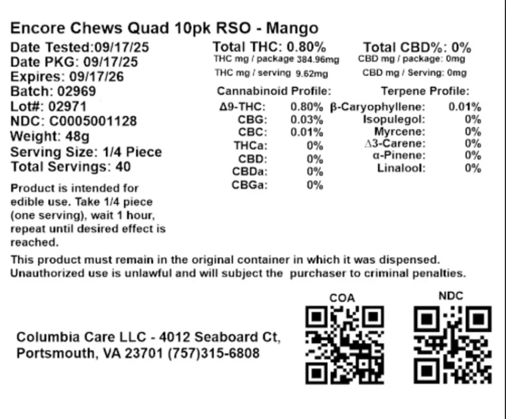 Encore Edibles – Tropical Mango RSO - Sativa Quad Dose [10pk]