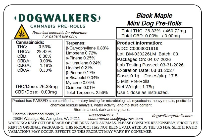 Dogwalkers – Black Maple [.35g x 5 pre-rolls, 1.75g total]