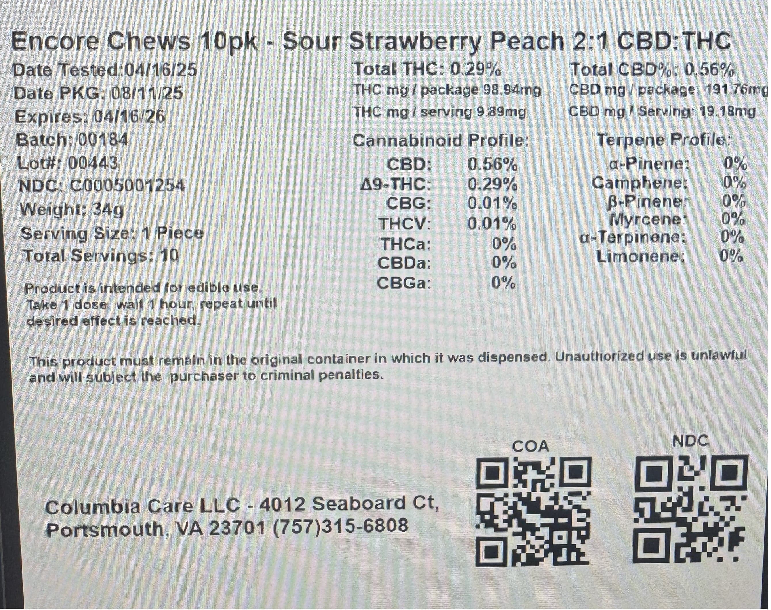 Encore Edibles – 2:1 Sour Strawberry Peach CBD:THC [10pk] (200mg CBD/100mg THC)