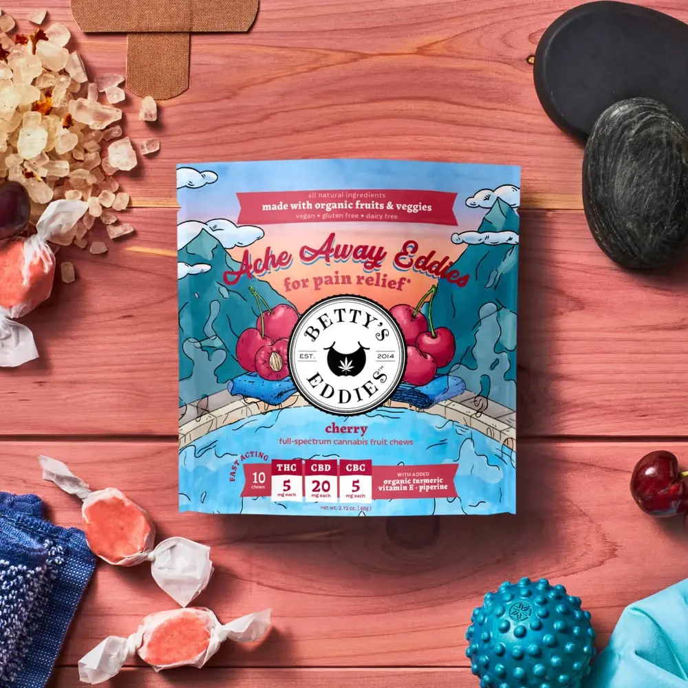 Betty's Eddies – Ache Away Cherry [10pk] (100mg THC/400mg CBD/50mg CBC) Pain Relief Fruit Chews